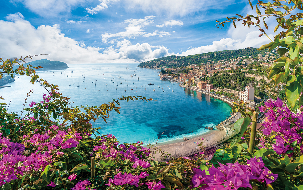 Aerial view of French Riviera coast with medieval town Villefranche sur Mer, Nice region, France